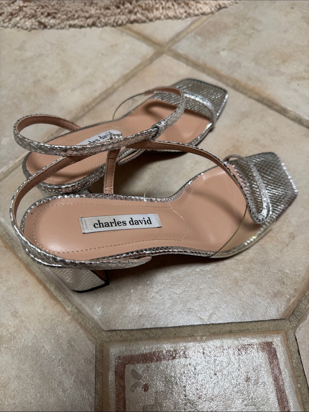 Charles David Silver Metallic Block Heel Slingback Sandals